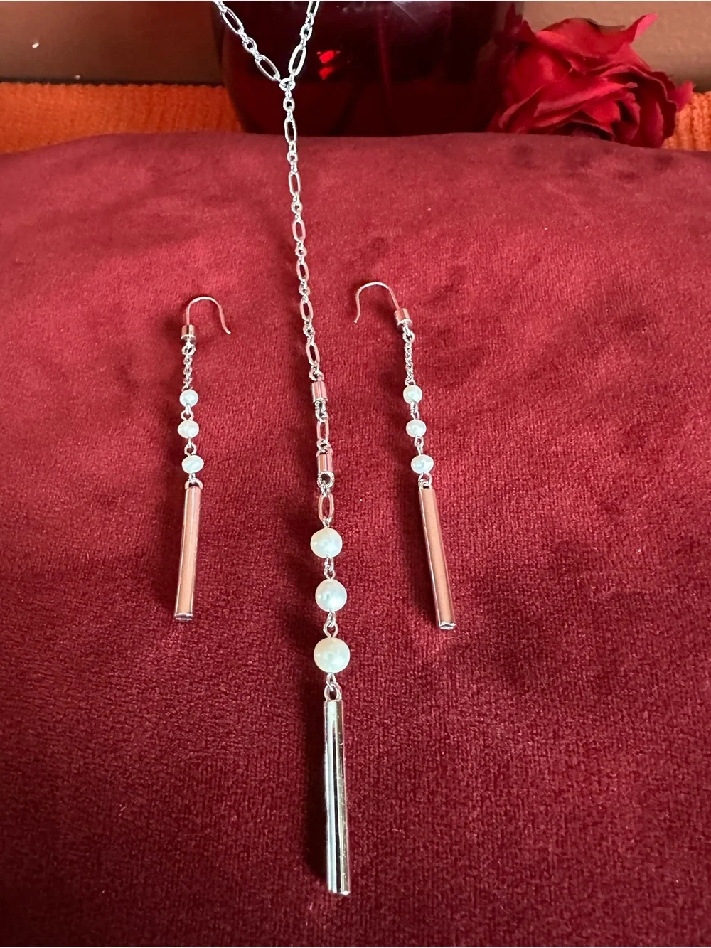 Rare Quality Silver Pearl Drop Lariat Necklace and Earrings Set